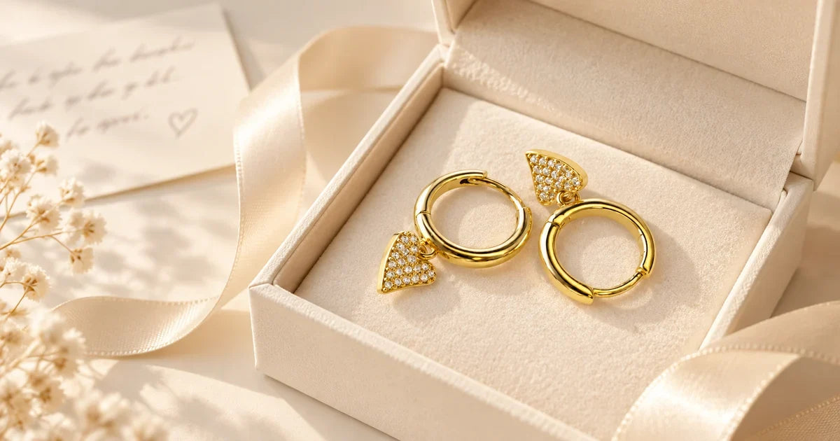 Gold heart charm hoops in an ivory gift box for a best friend jewelry guide