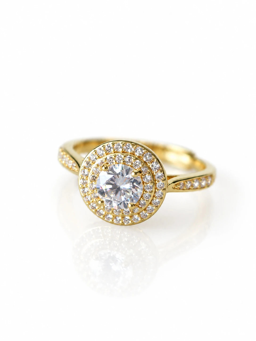 Gold Round Double Halo Ring on a white background