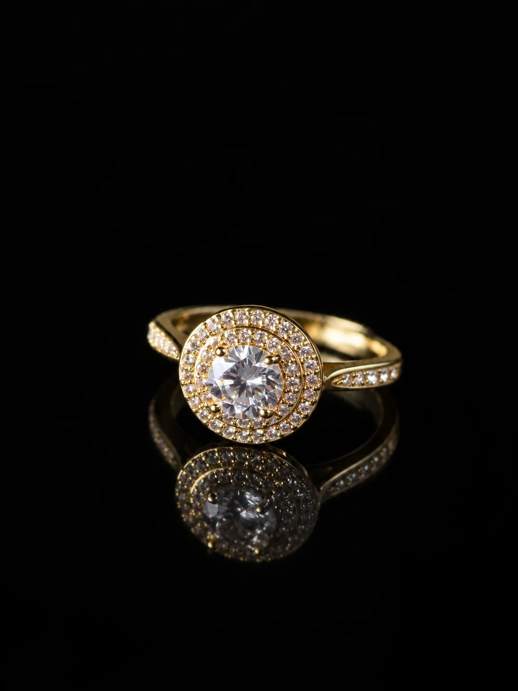 Gold Round Double Halo Ring on a black background