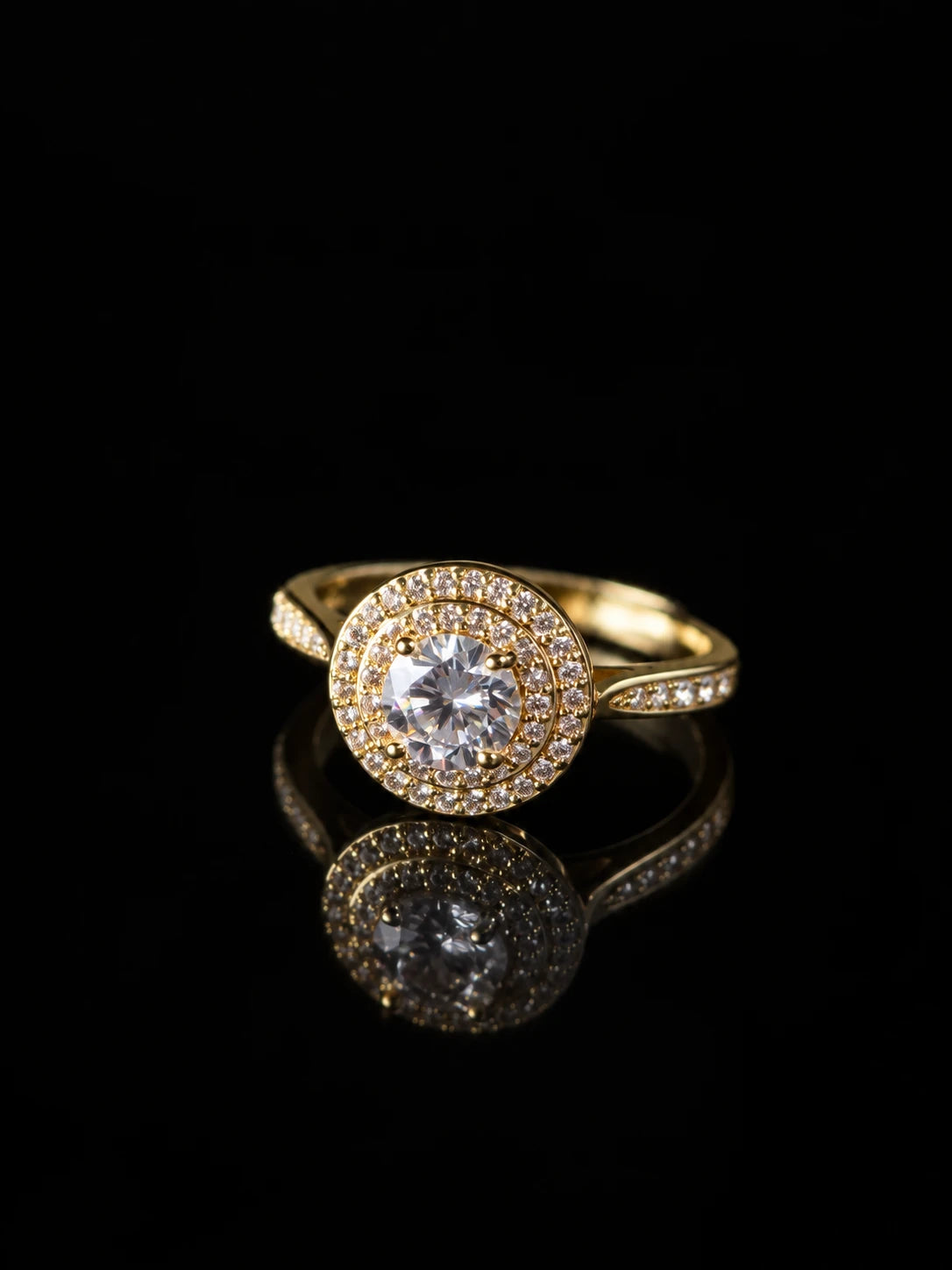 Gold Round Double Halo Ring on a black background