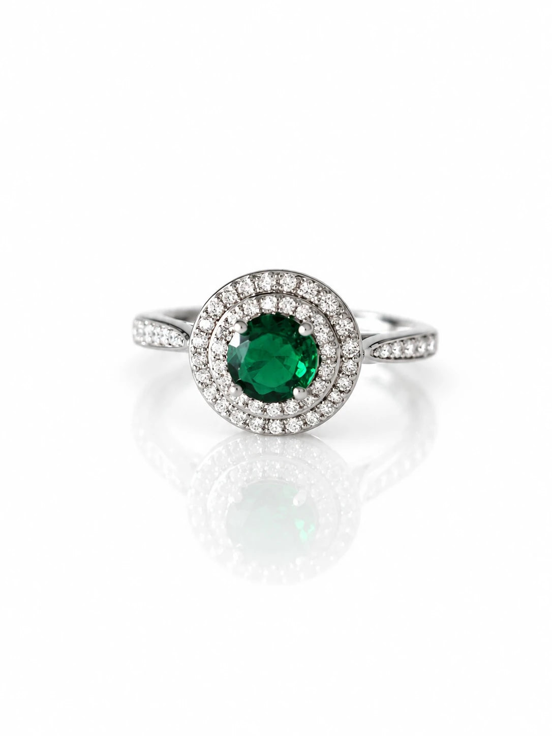 Silver Round CZ Halo Ring on a white background