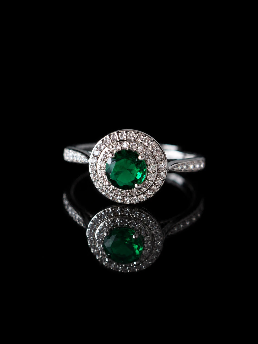 Silver Round CZ Halo Ring on a black background