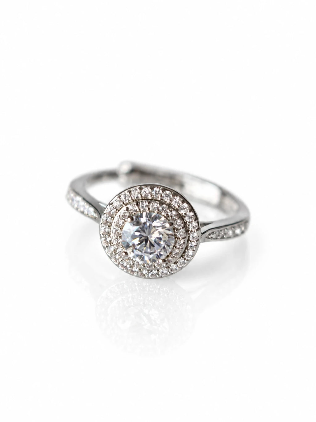 Silver Round Double Halo Ring on a white background