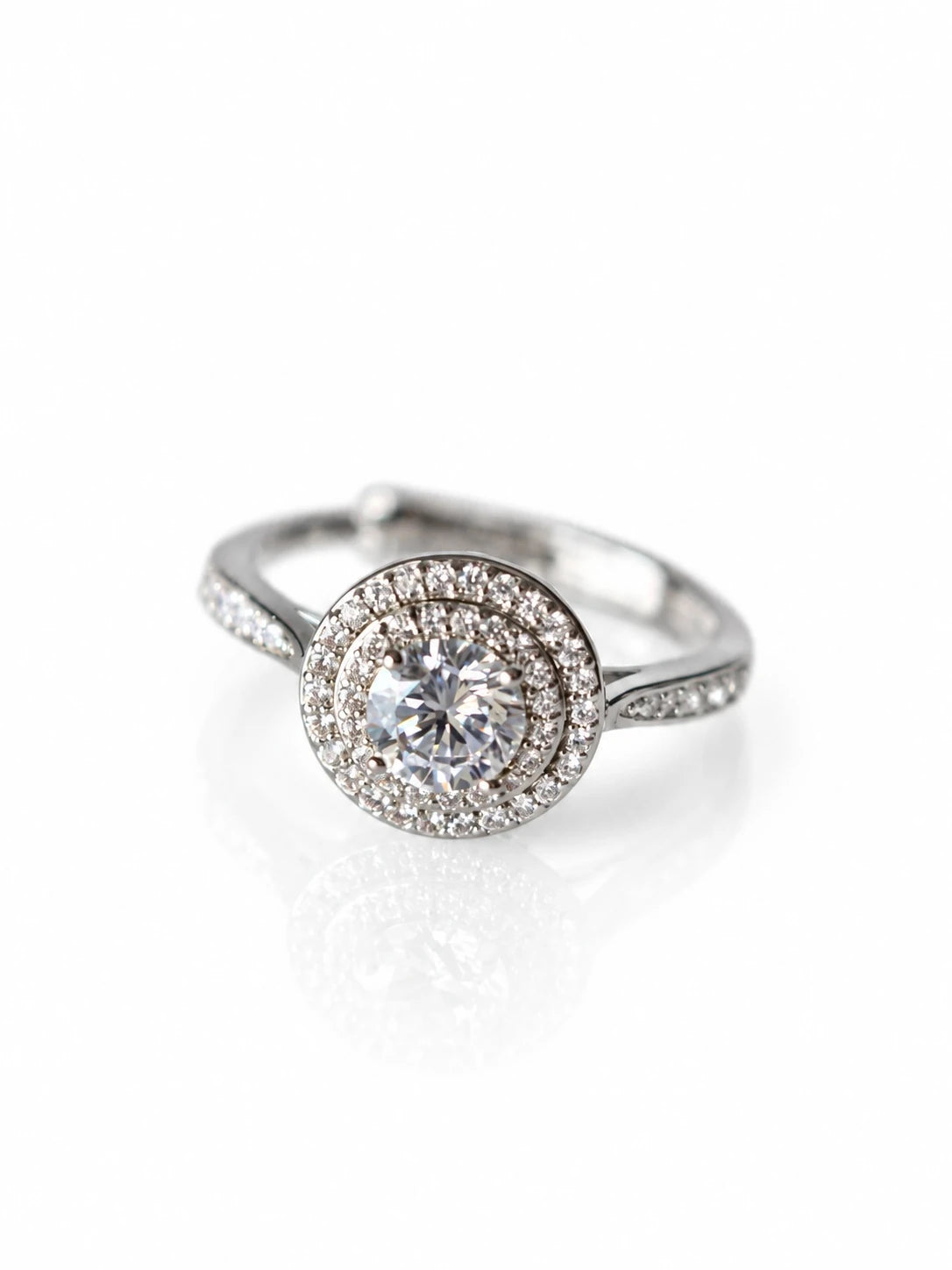 Silver Round Double Halo Ring on a white background