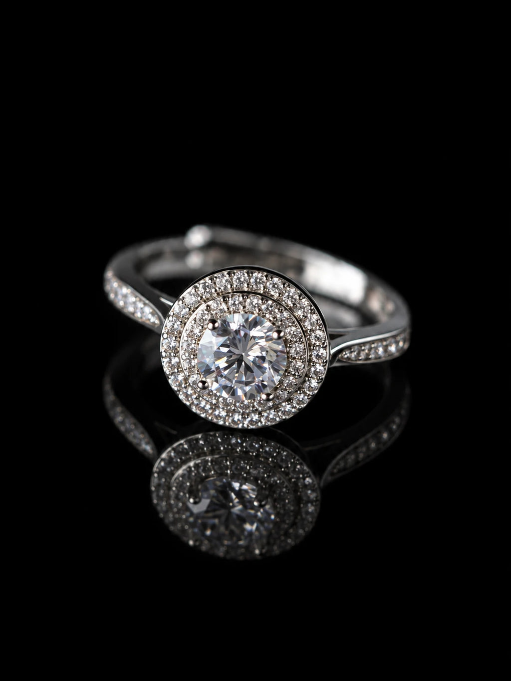 Silver Round Double Halo Ring on a black background