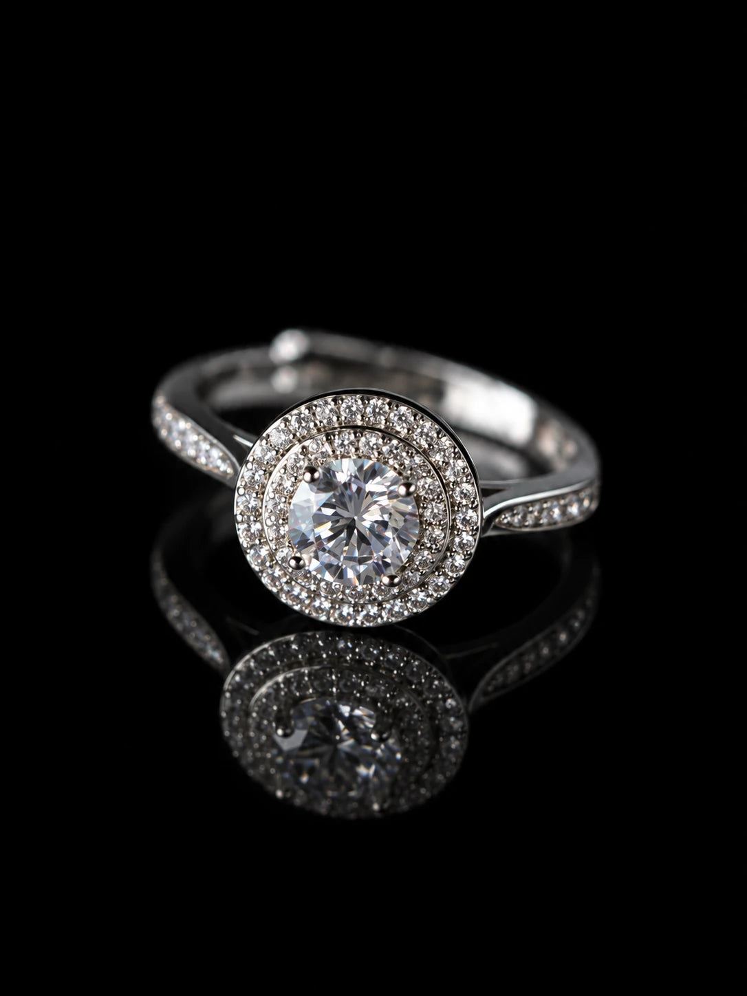 Silver Round Double Halo Ring on a black background