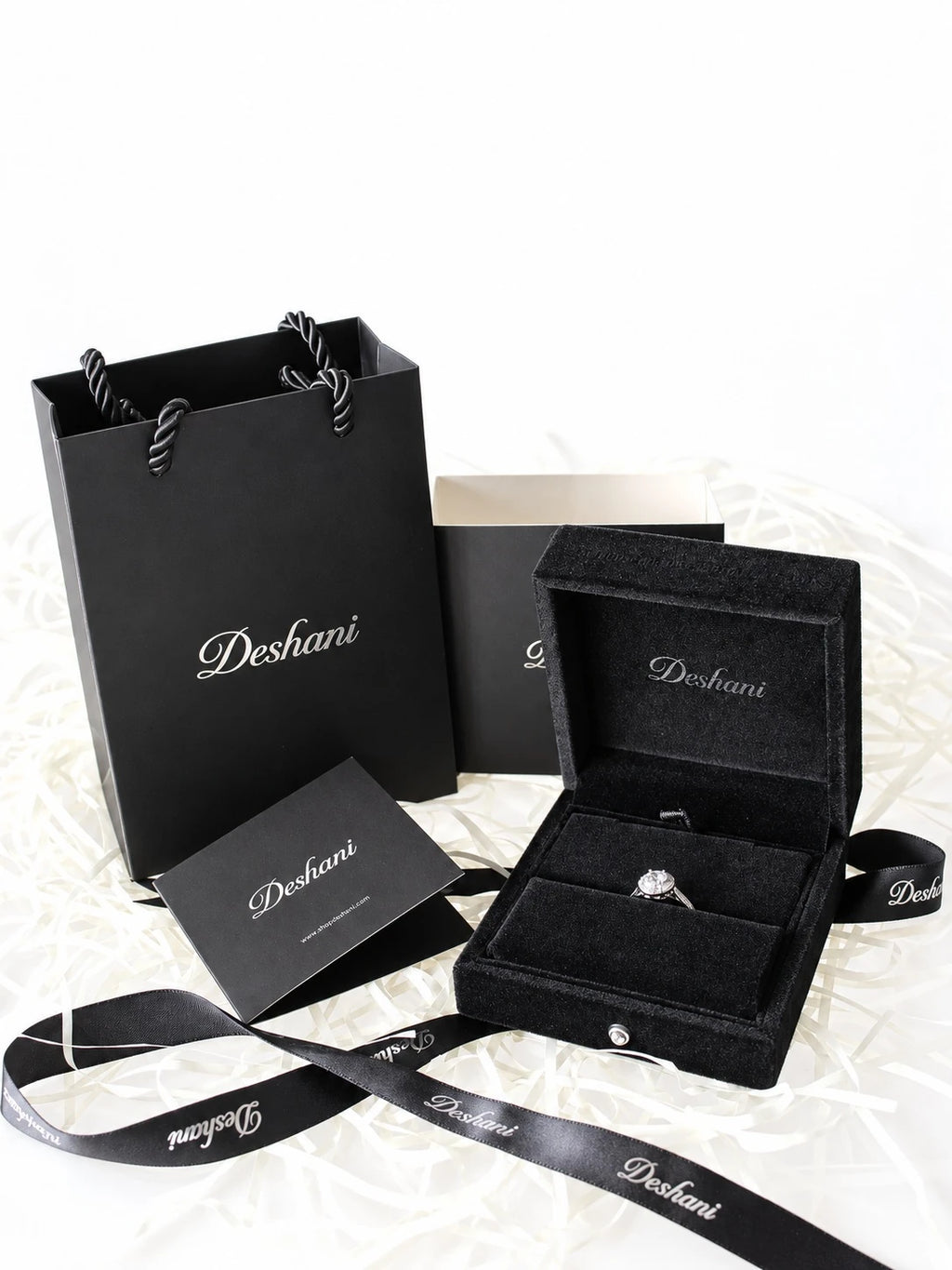 Silver Round Double Halo Ring in Deshani gift-ready packaging