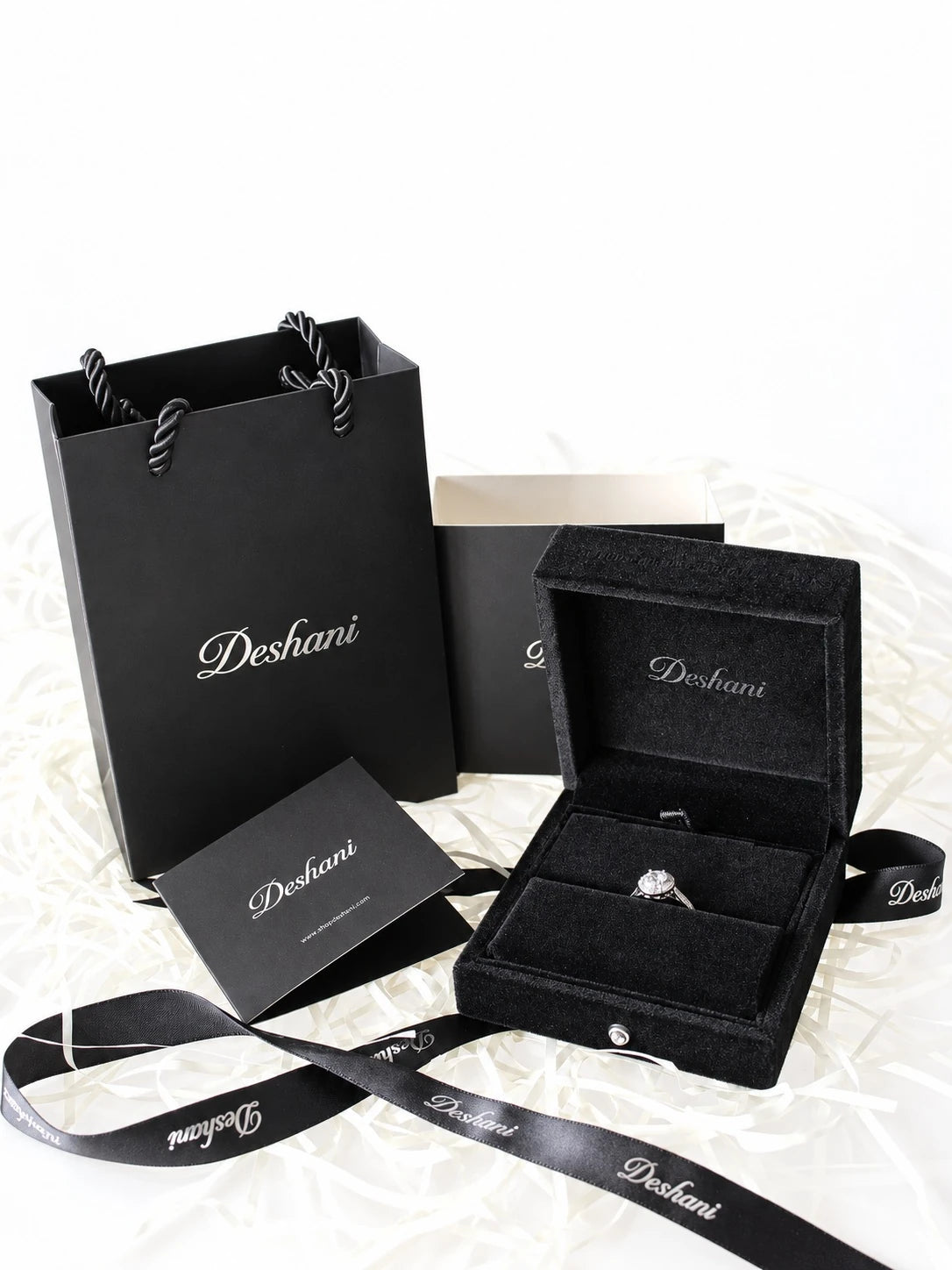 Silver Round Double Halo Ring in Deshani gift-ready packaging