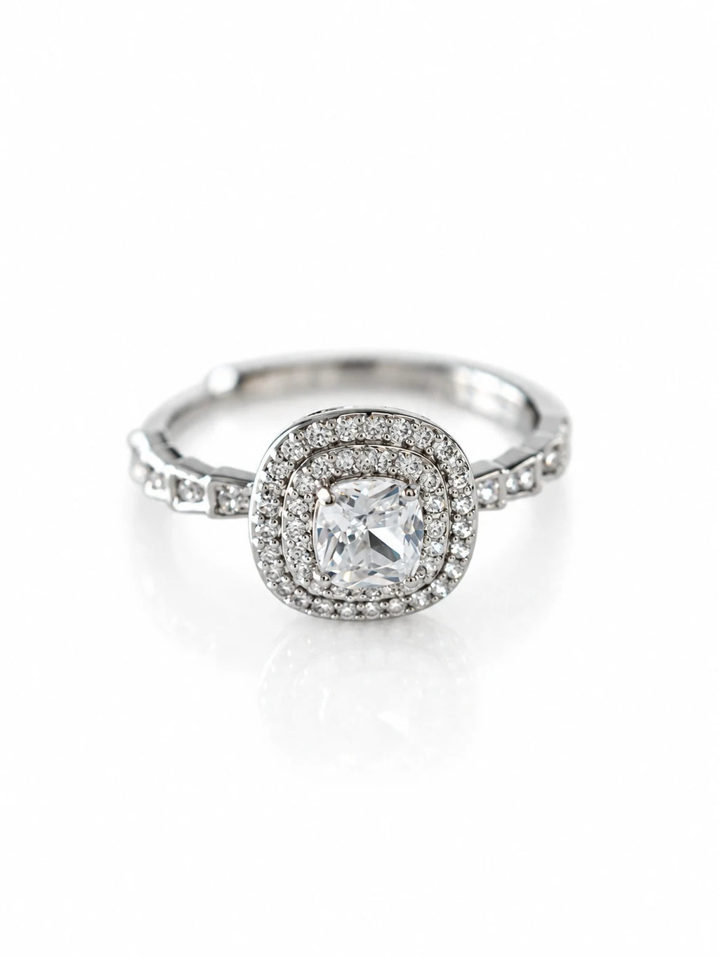 Silver Cushion Double Halo Ring on a white background