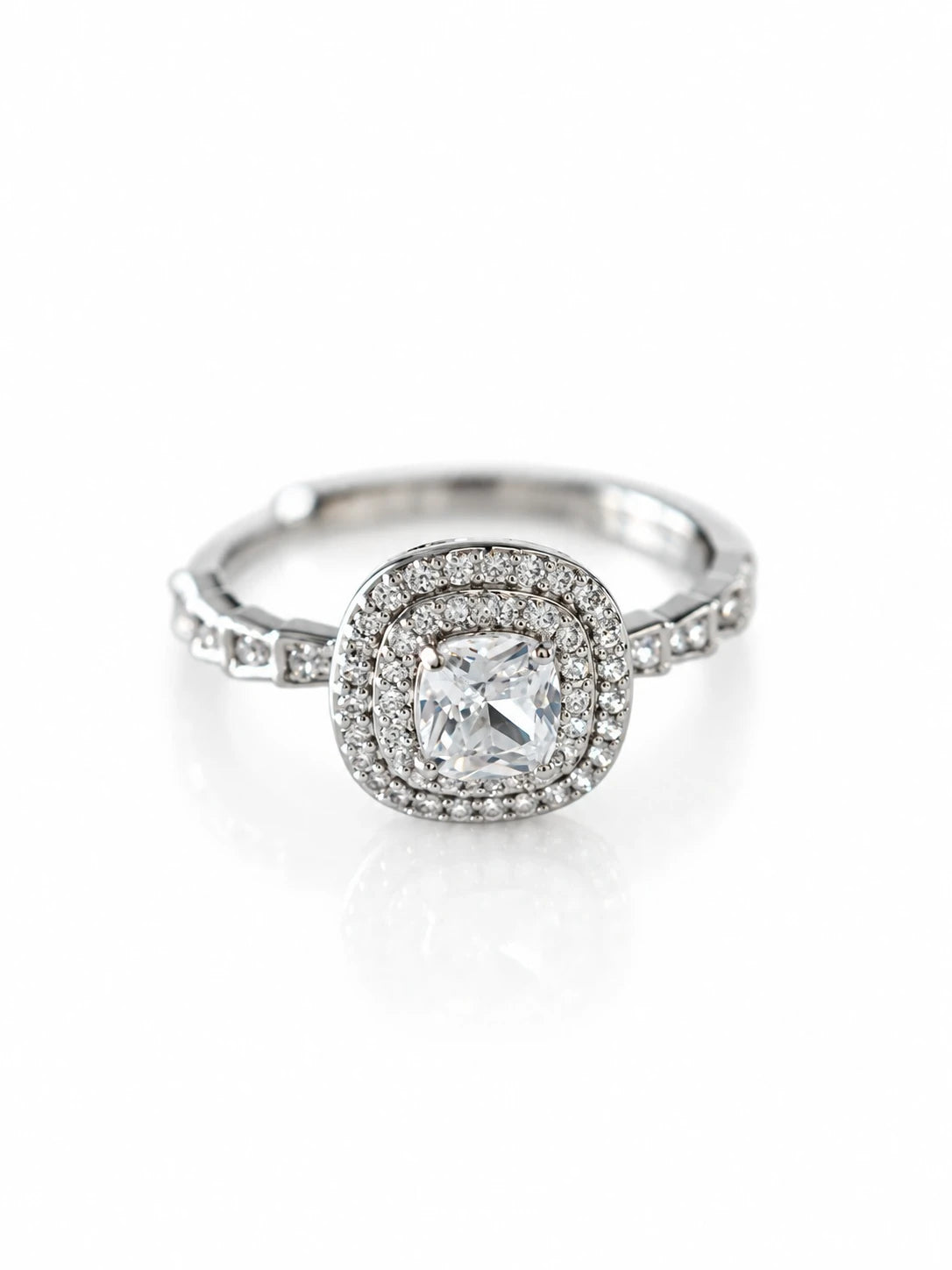 Silver Cushion Double Halo Ring on a white background