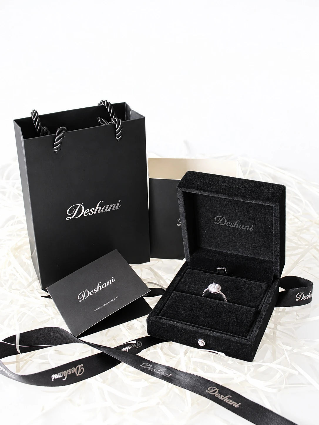 Silver Cushion Double Halo Ring in Deshani gift-ready packaging