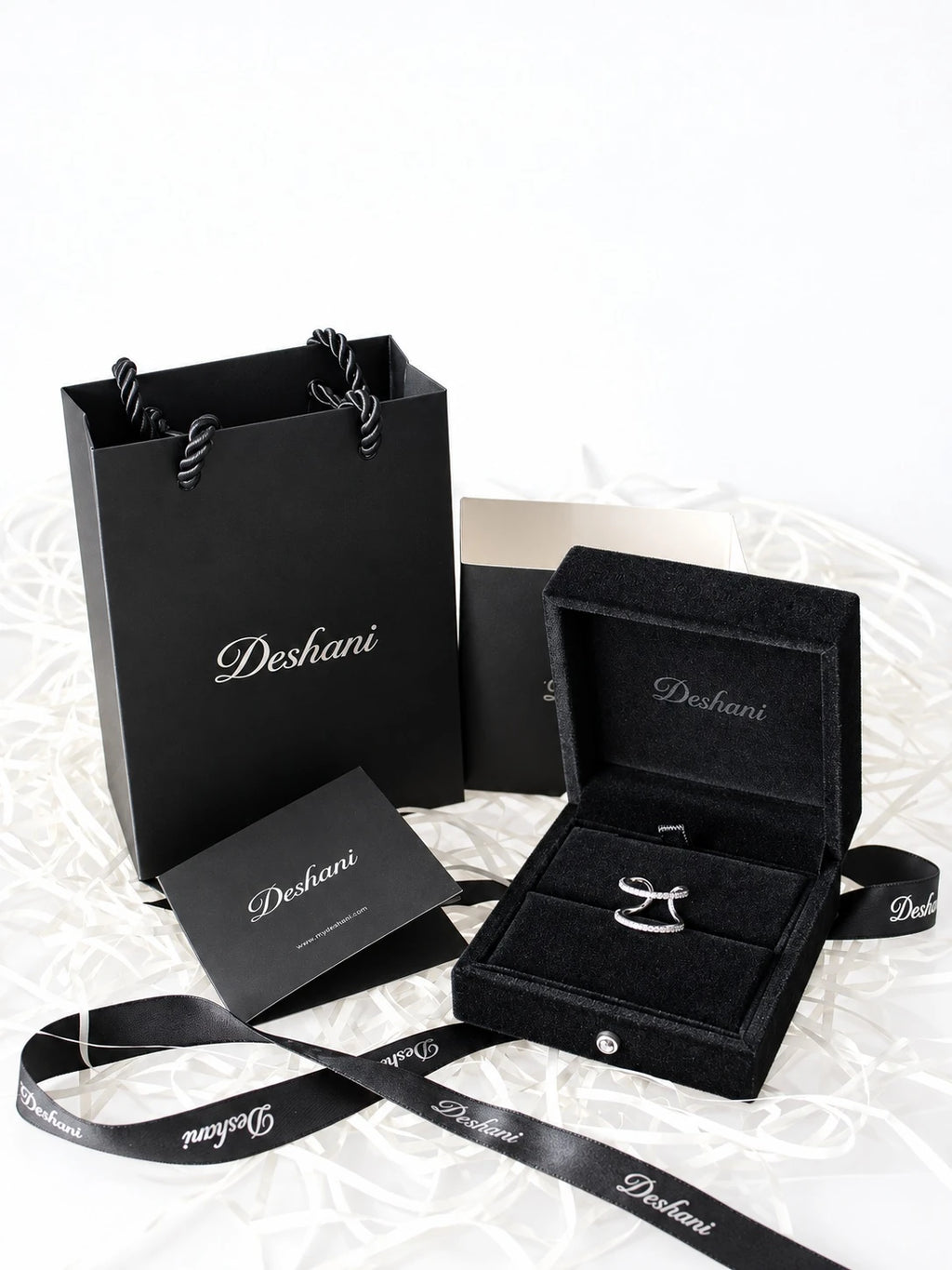 Silver Double Arc Open Ring in Deshani gift-ready packaging