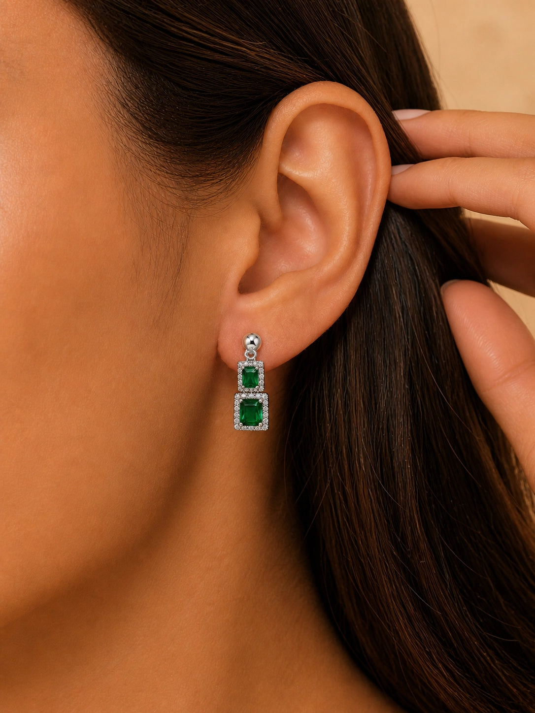 Double Emerald Square Drop Earrings