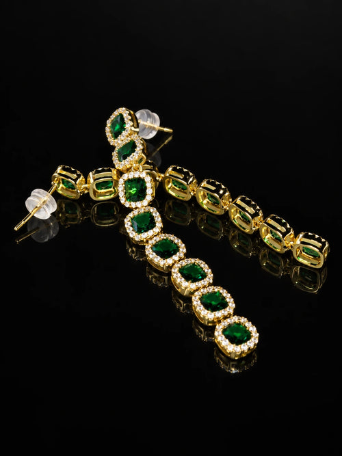 Emerald-Green CZ Drop Earrings on a black background
