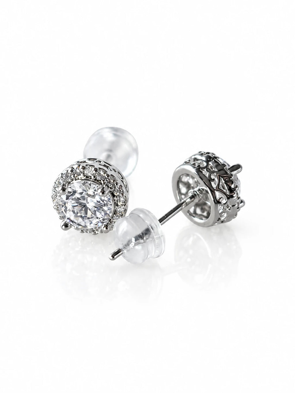 Silver CZ Starburst Stud Earrings on a white background