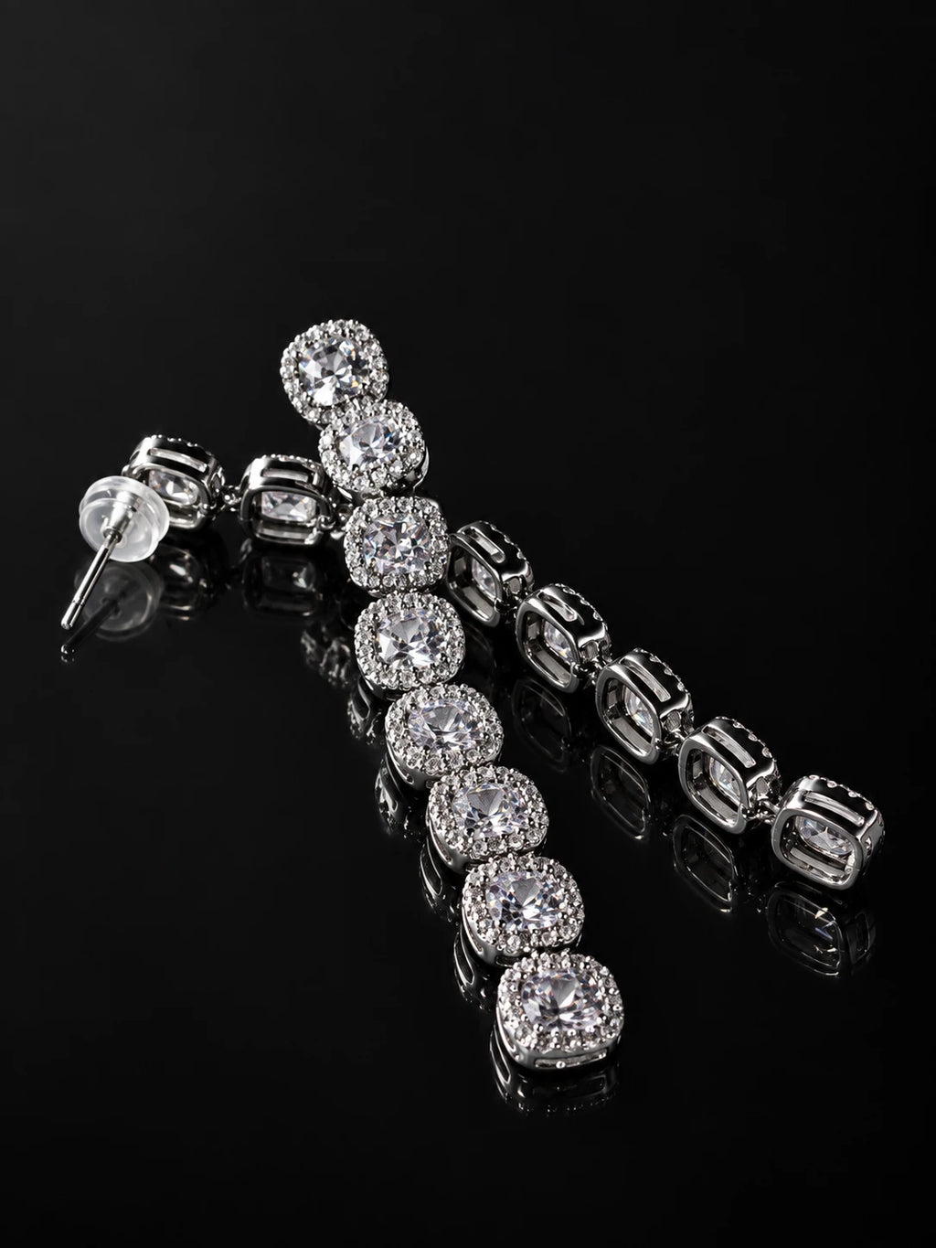 Cushion-Cut CZ Drop Earrings on a black background