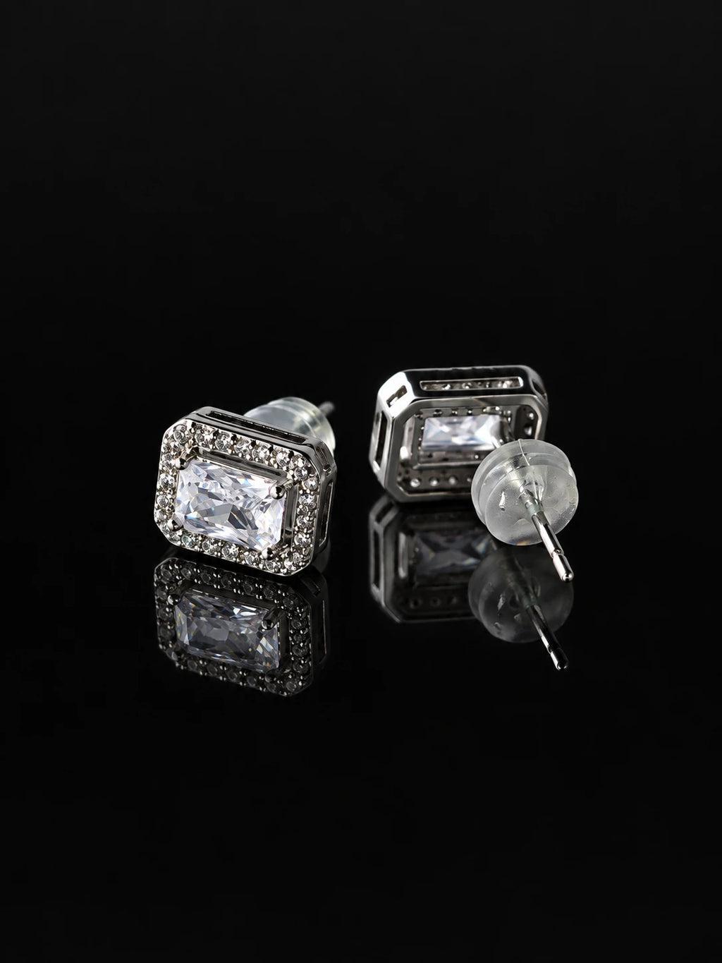 Square Halo CZ Stud Earrings on a black background