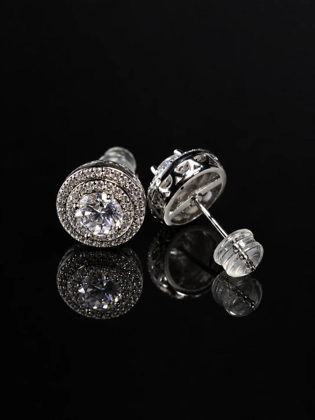 Layered CZ Halo Stud Earrings on a black background
