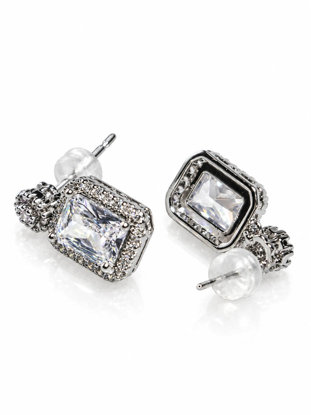 Vintage Silver Square CZ Drop Earrings on a white background