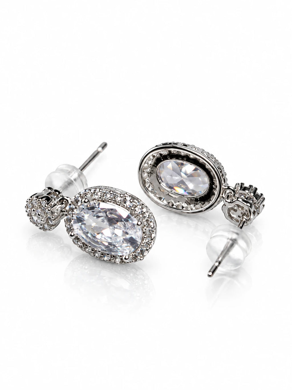 Vintage Silver Oval CZ Drop Earrings on a white background