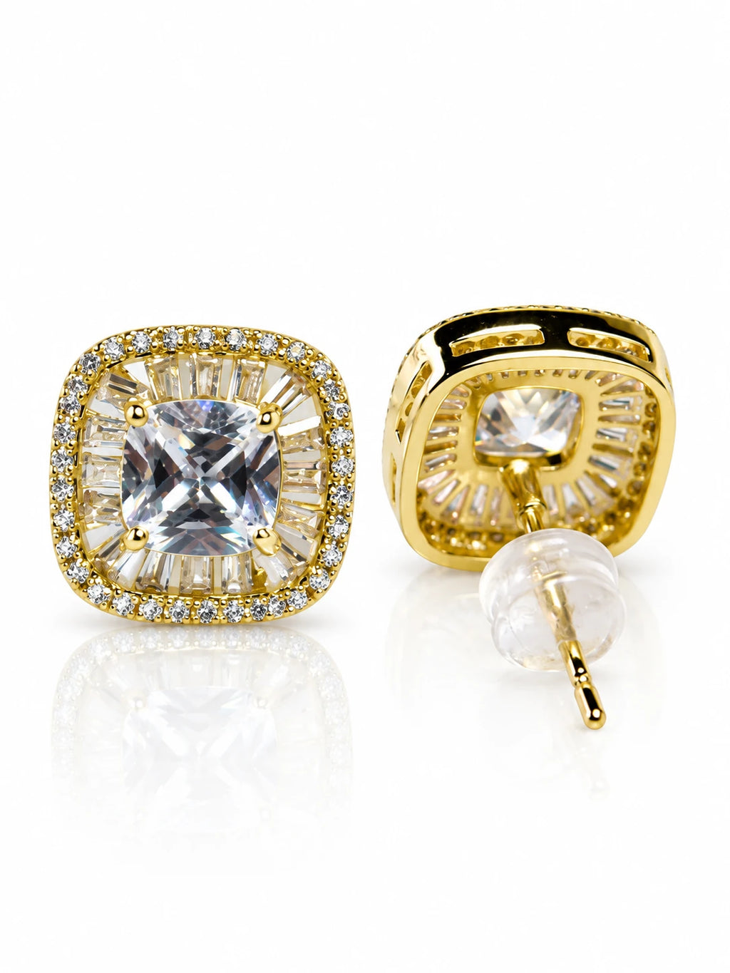 Gold Sunburst Square CZ Studs on a white background