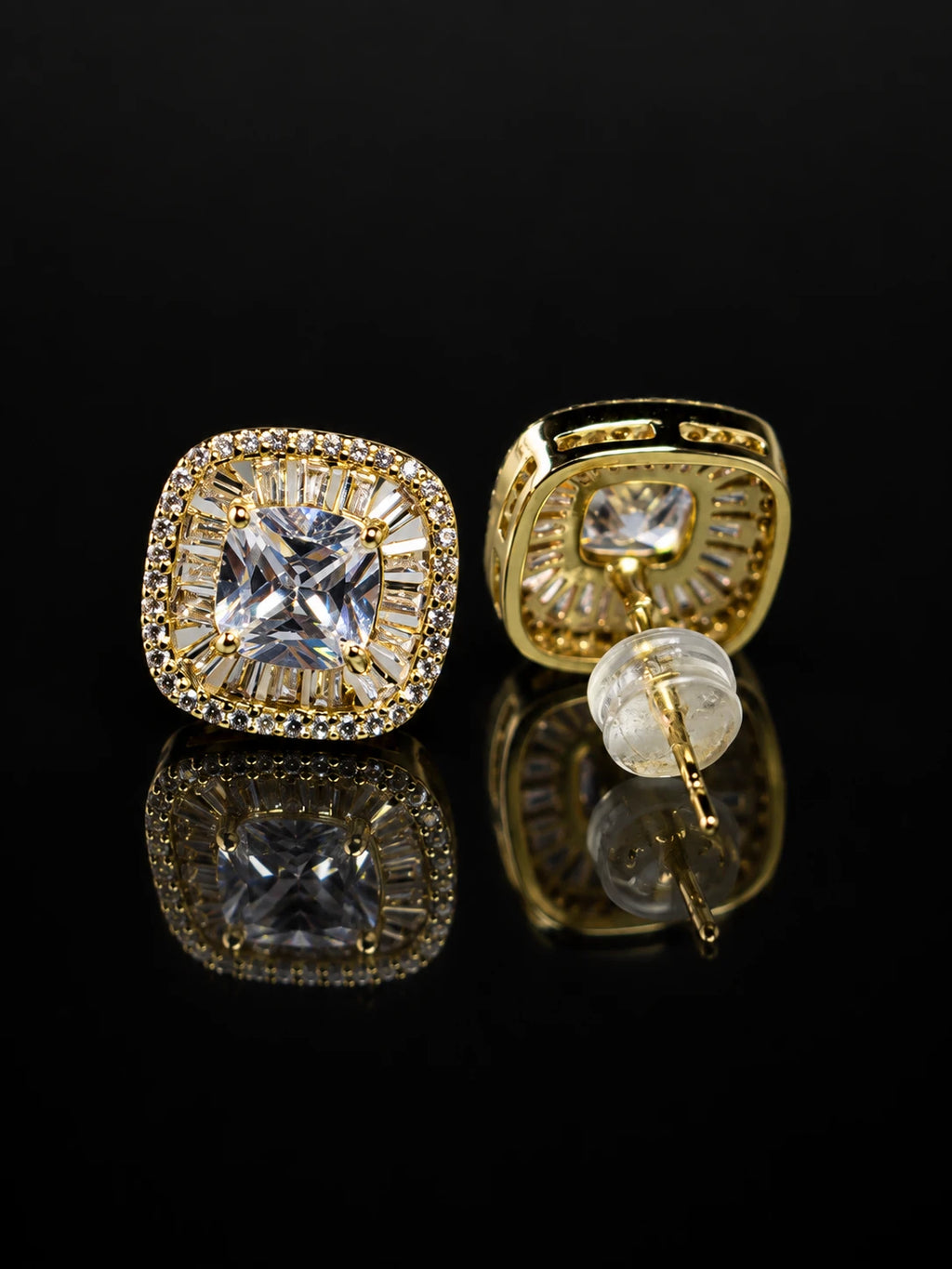 Gold Sunburst Square CZ Studs on a black background