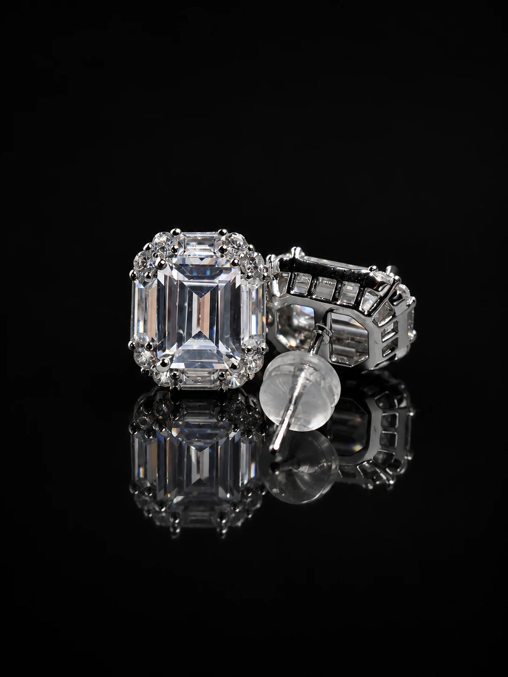 Rectangular Step-Cut CZ Stud Earrings on a black background