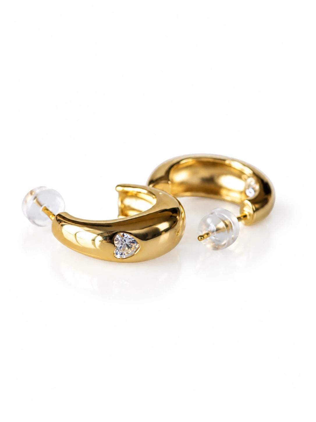 Gold Tone Half Hoop CZ Stud Earrings on a white background
