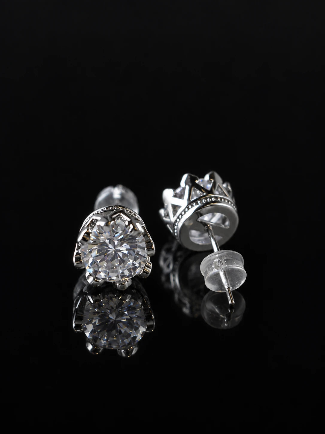 Silver Crown CZ Studs on a black background