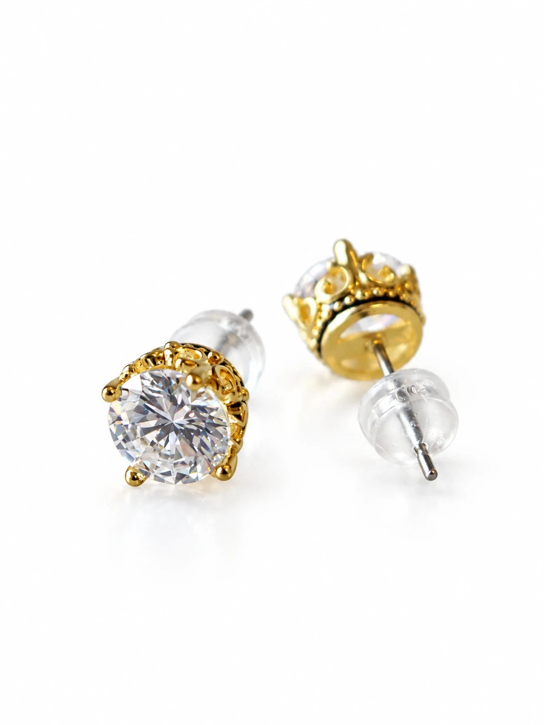 Gold Crown CZ Studs on a white background