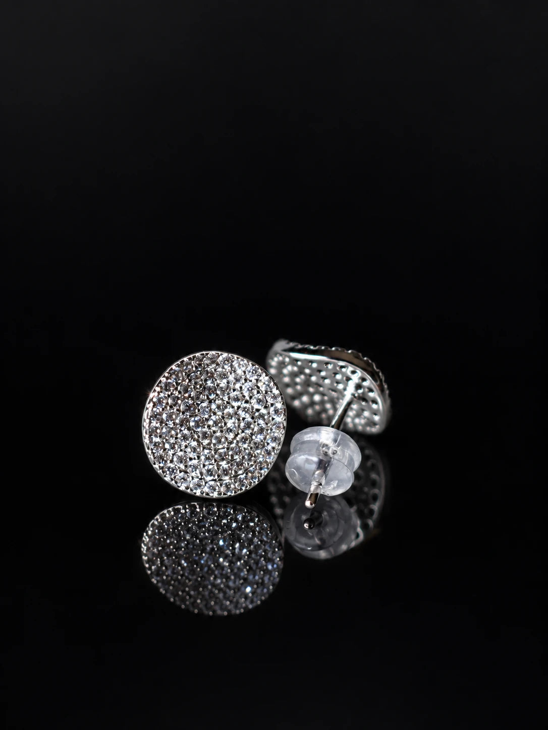 Silver Pavé Disc Studs on a black background