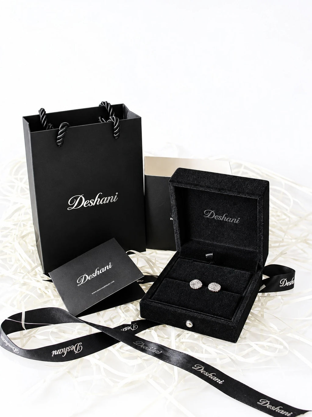Silver Pavé Disc Studs in Deshani gift-ready packaging