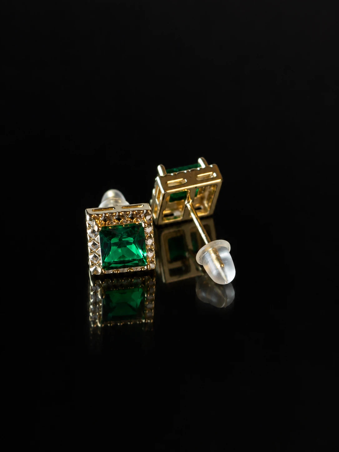 Gold Round CZ Halo Studs on a black background