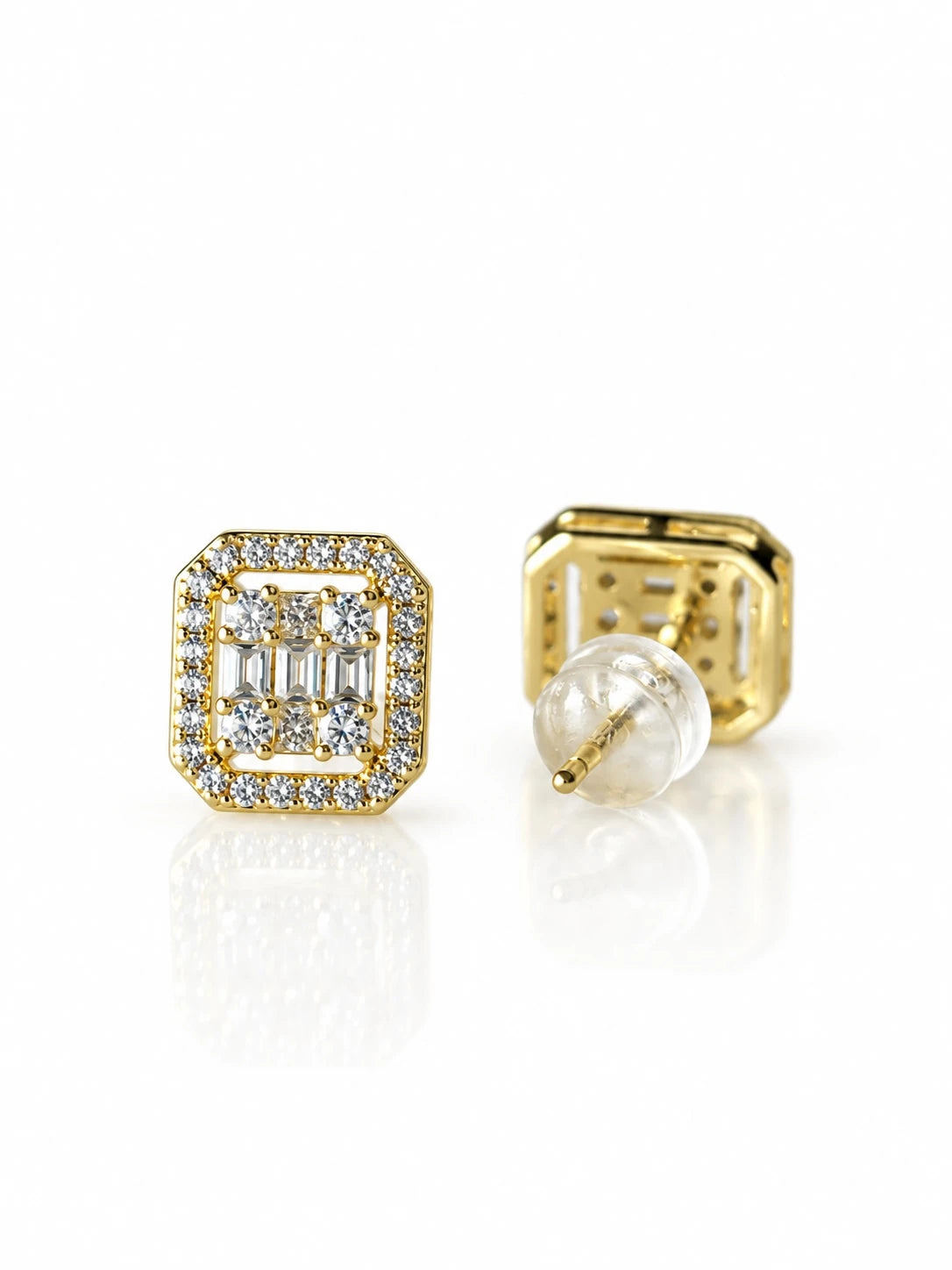 Gold Emerald-Cut Halo Studs on a white background