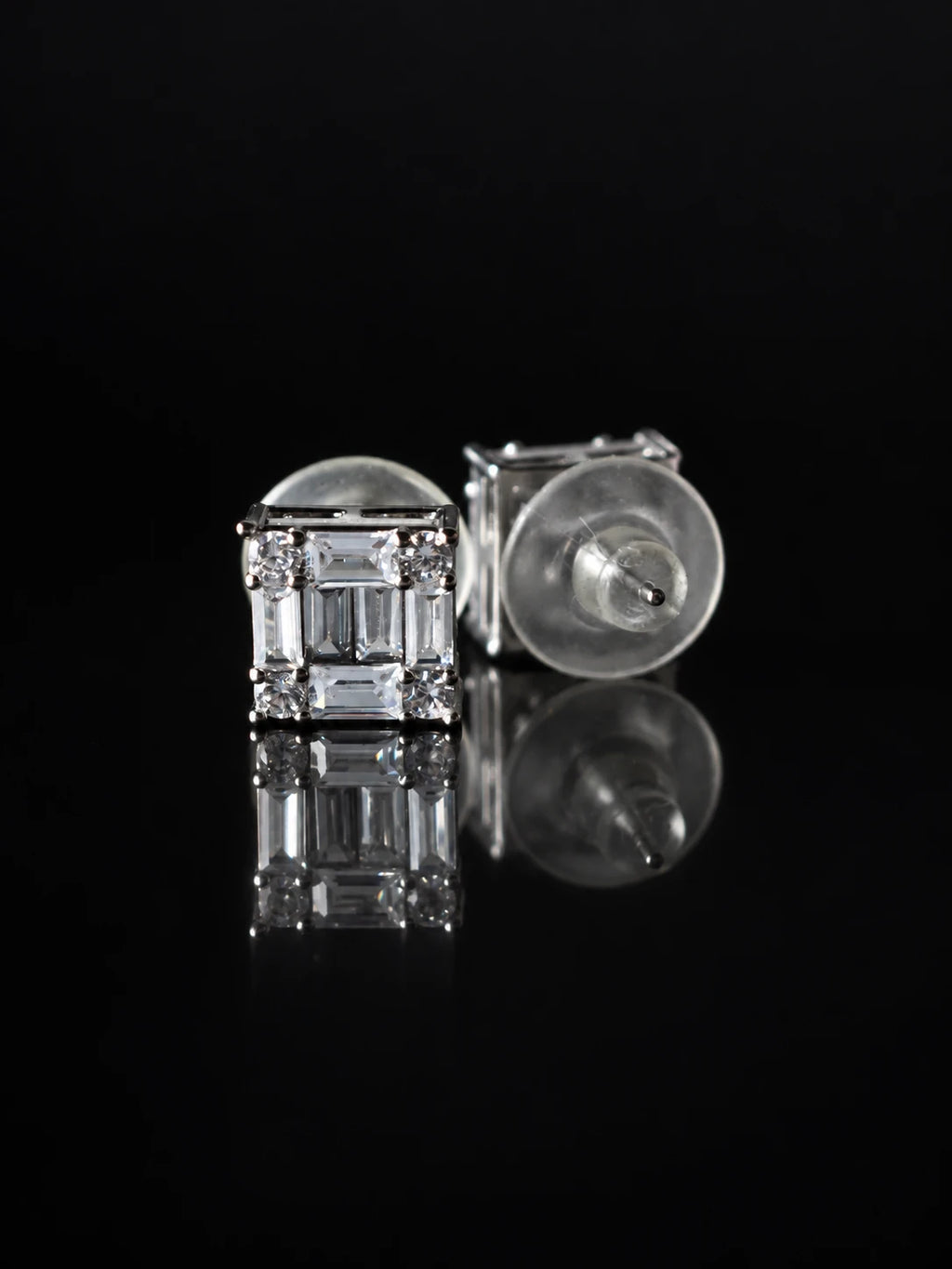 Silver Baguette Frame Studs on a black background