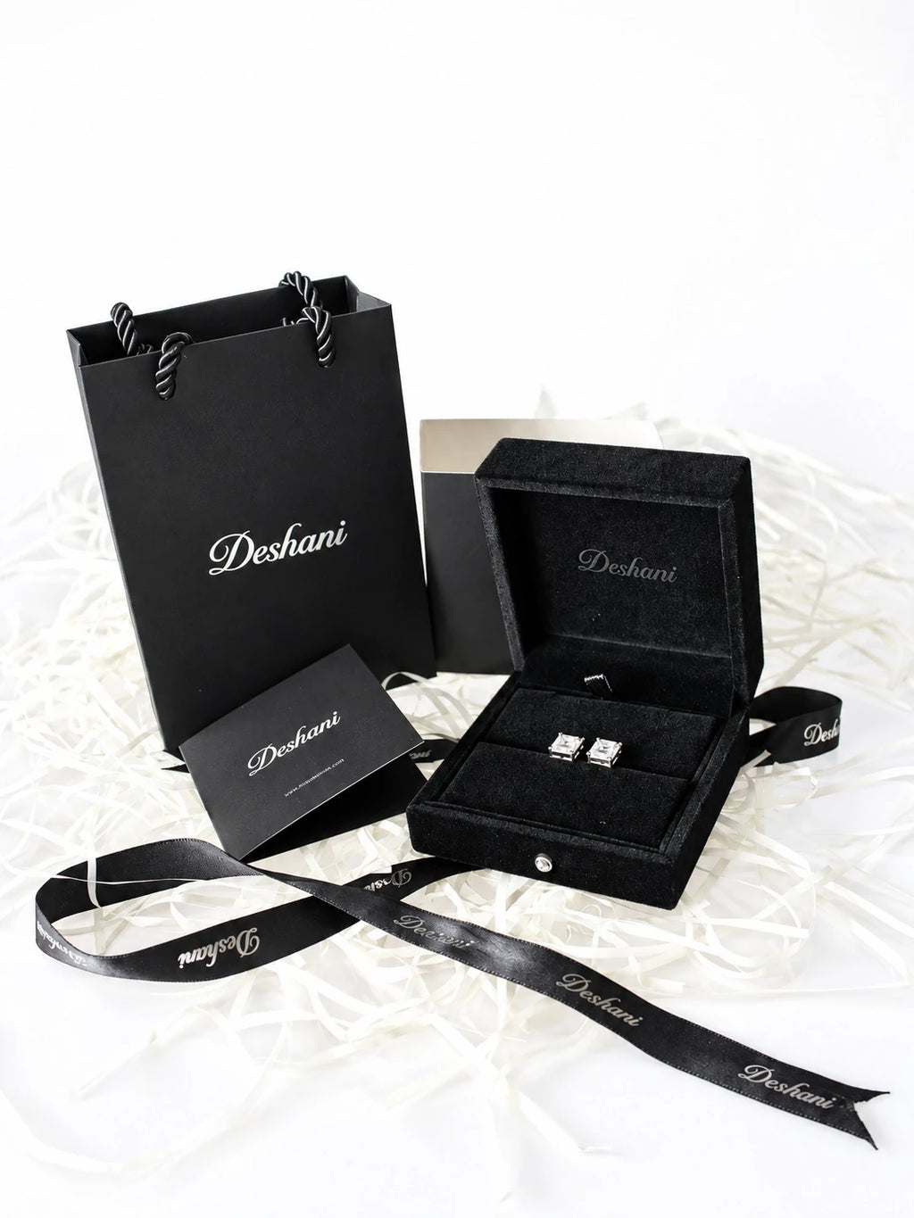 Silver Baguette Frame Studs in Deshani gift-ready packaging