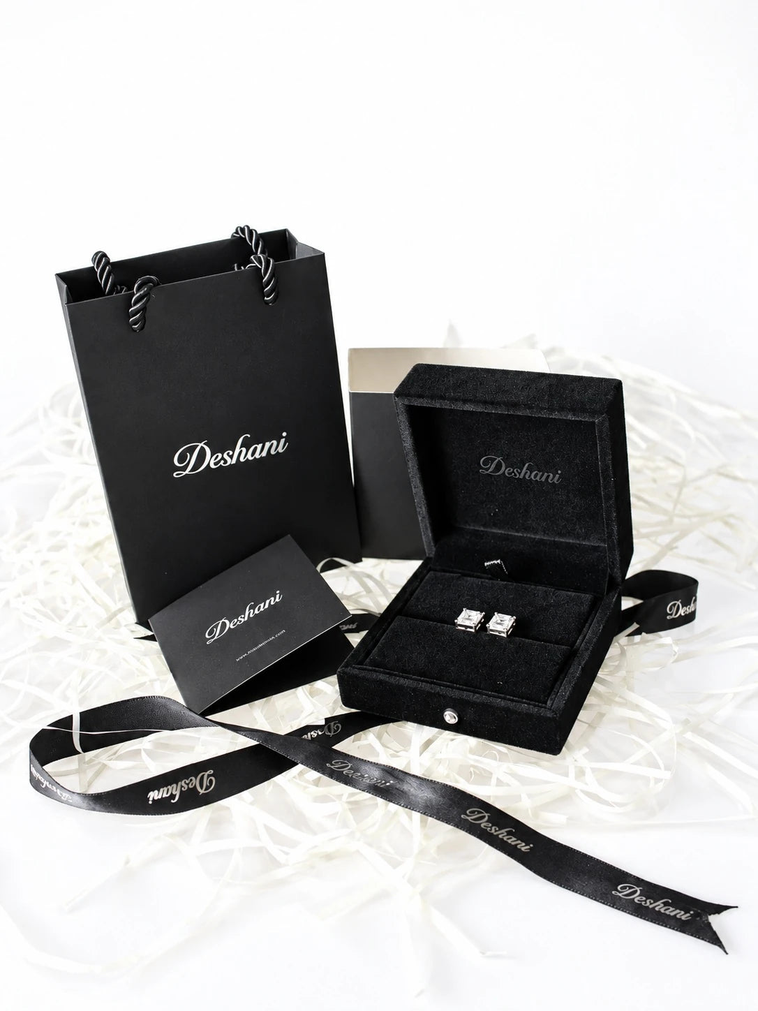 Silver Baguette Frame Studs in Deshani gift-ready packaging