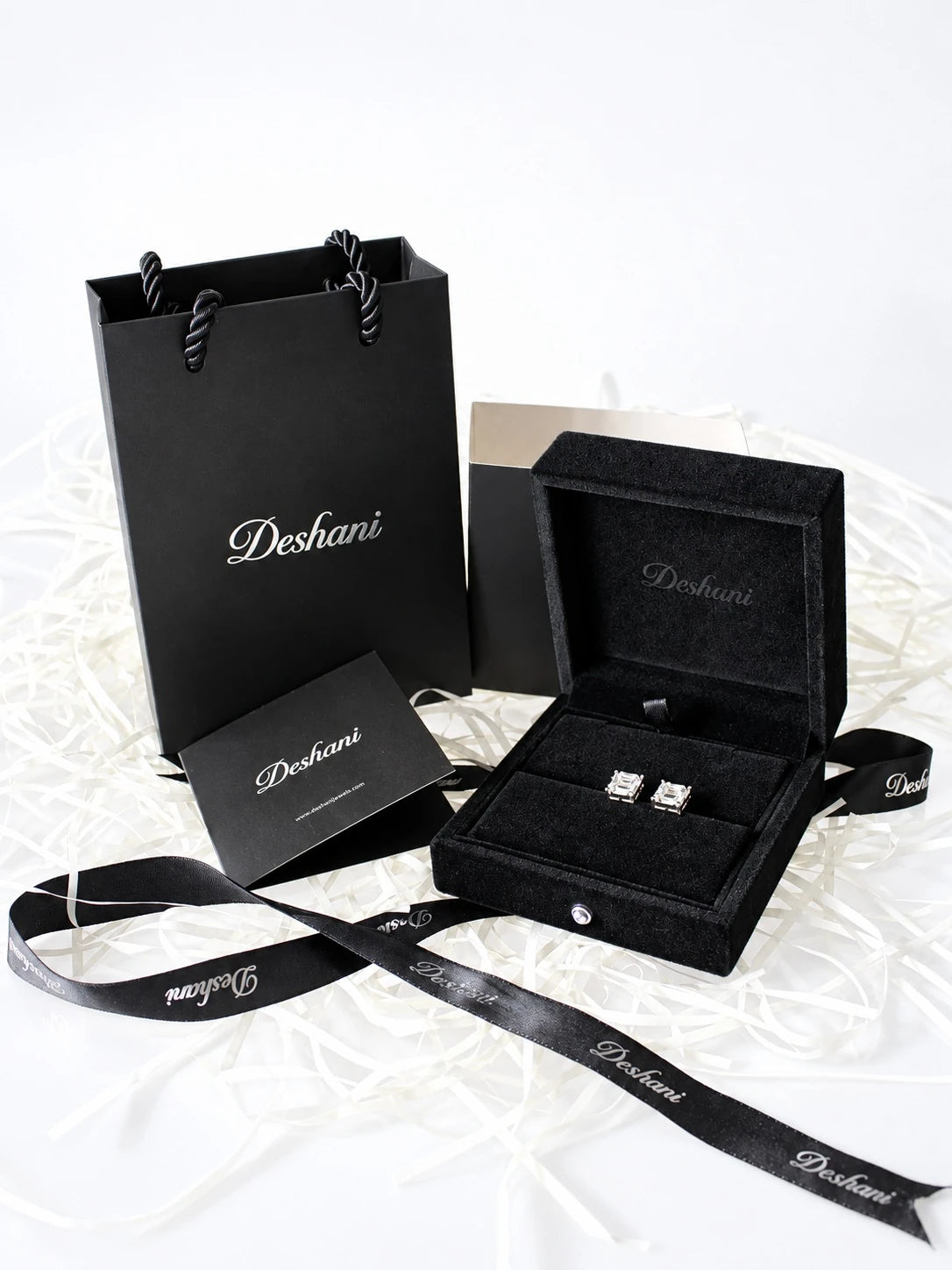 Gold Baguette Frame Studs in Deshani gift-ready packaging
