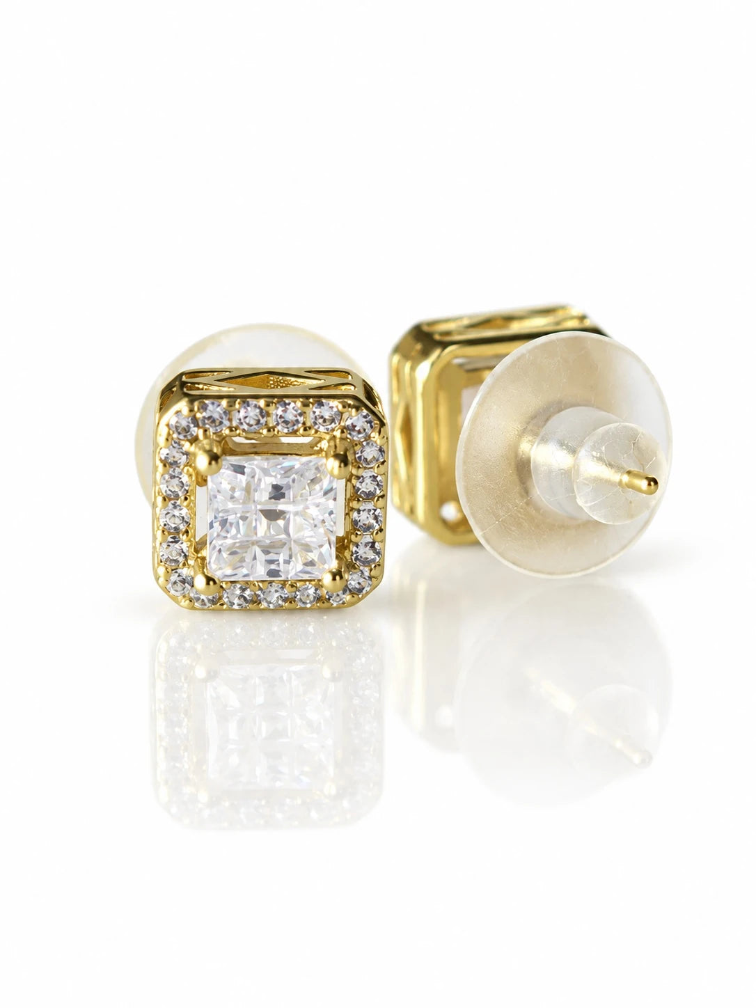 Gold Asscher-Cut Halo Studs on a white background