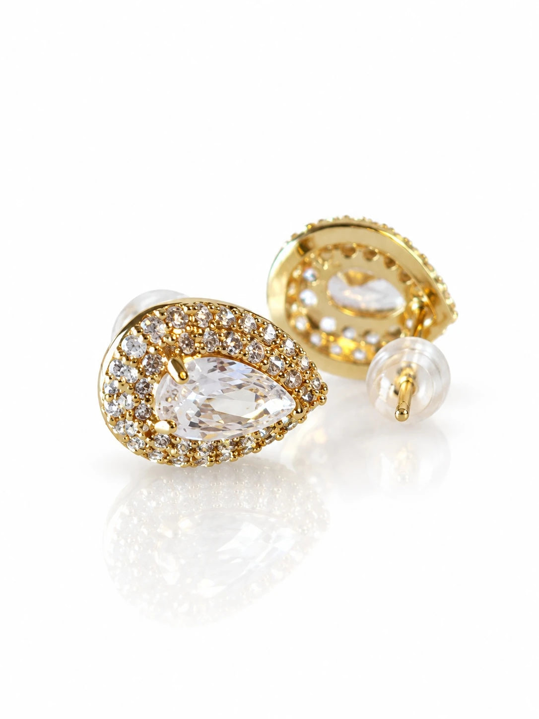 Gold Pear Halo Studs on a white background