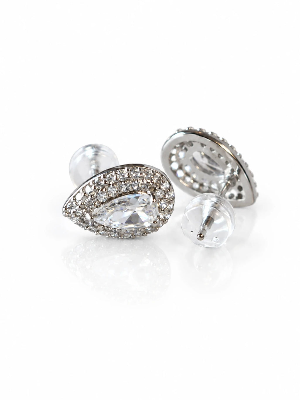 Silver Pear Halo Studs on a white background