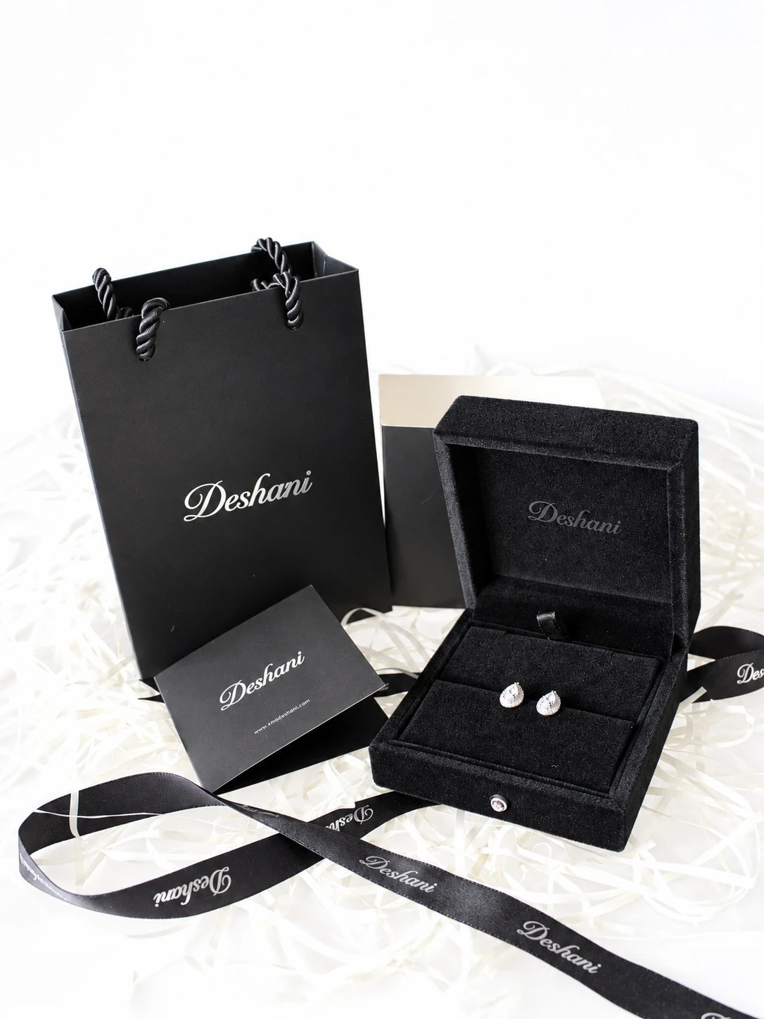 Silver Pear Halo Studs in Deshani gift-ready packaging