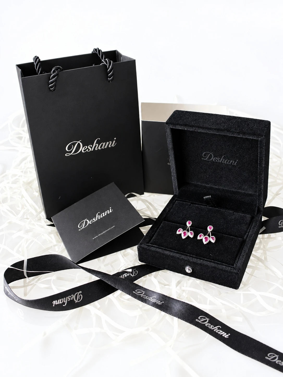 Ruby-Red CZ Cherry Jacket Studs in Deshani gift-ready packaging