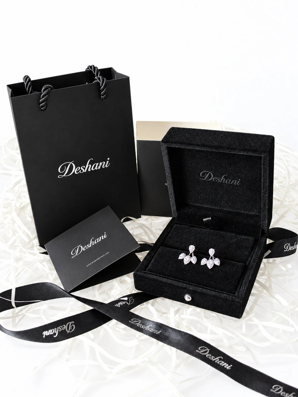 Clear CZ Cherry Jacket Studs in Deshani gift-ready packaging