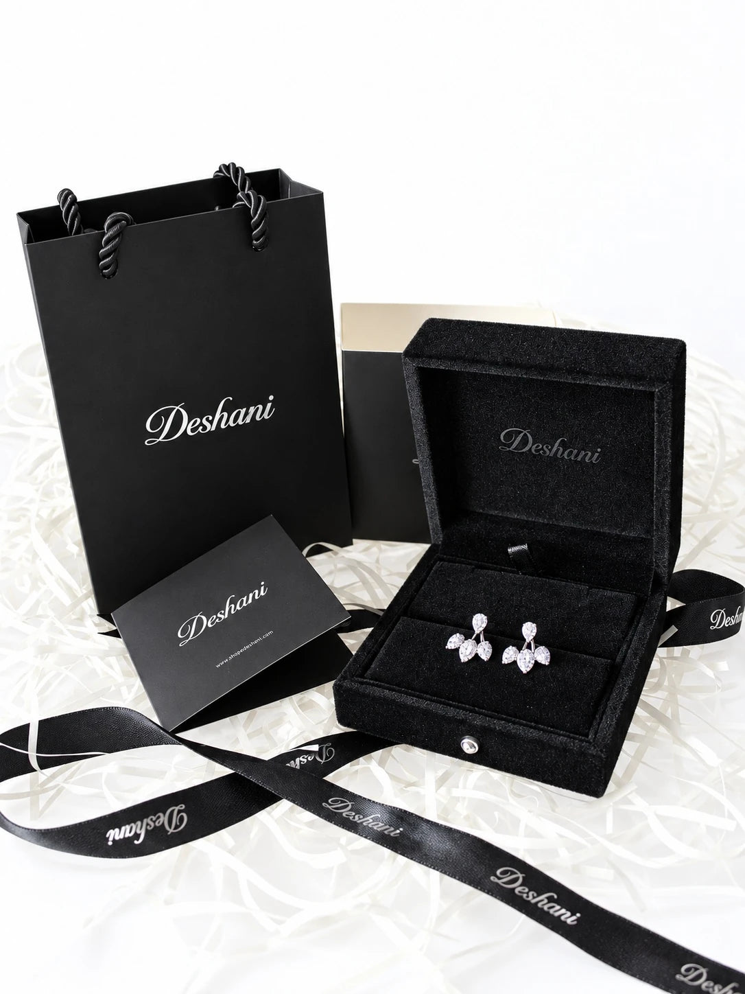 Clear CZ Cherry Jacket Studs in Deshani gift-ready packaging