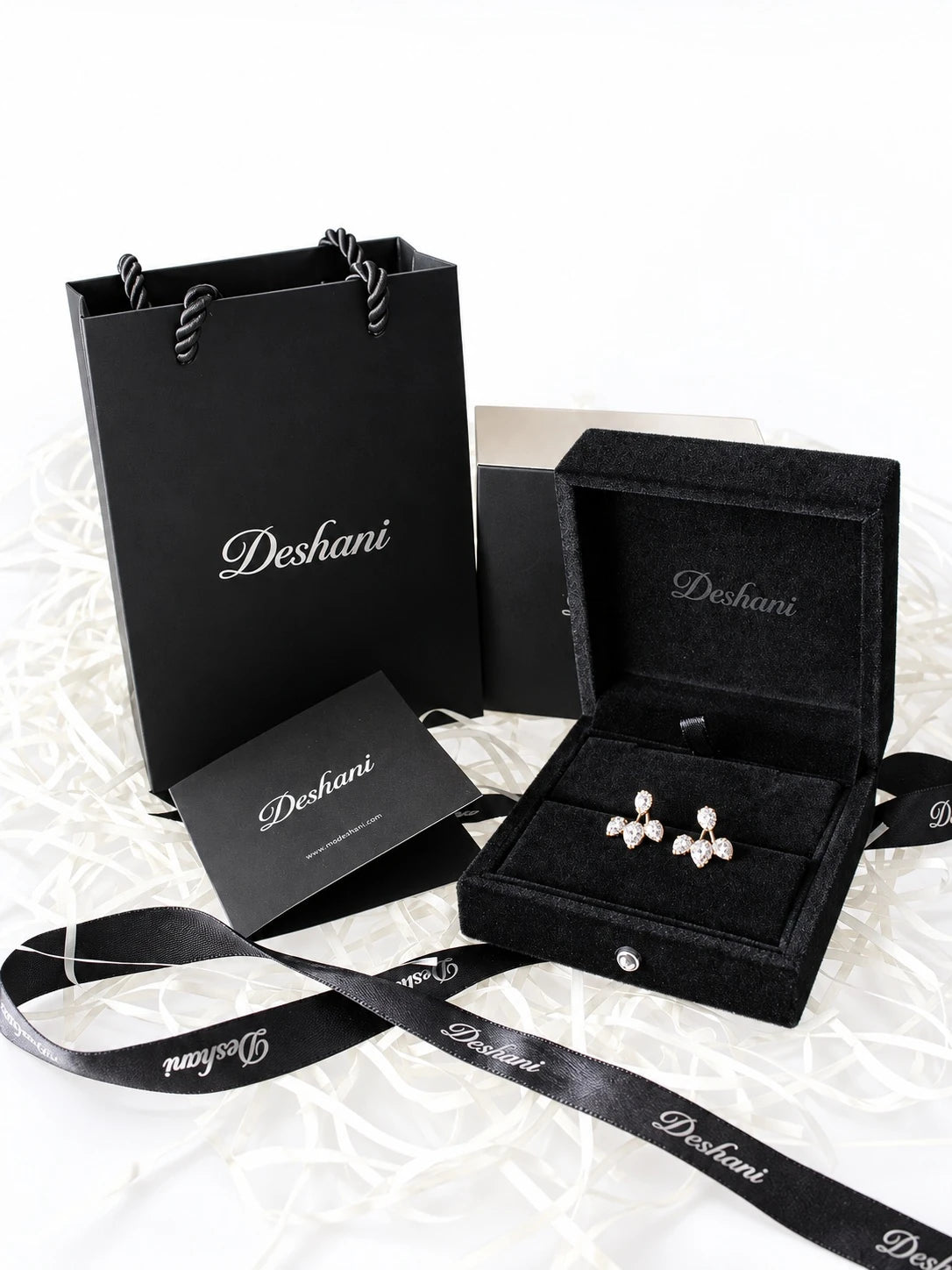 Gold Pear Trio Jacket Studs in Deshani gift-ready packaging