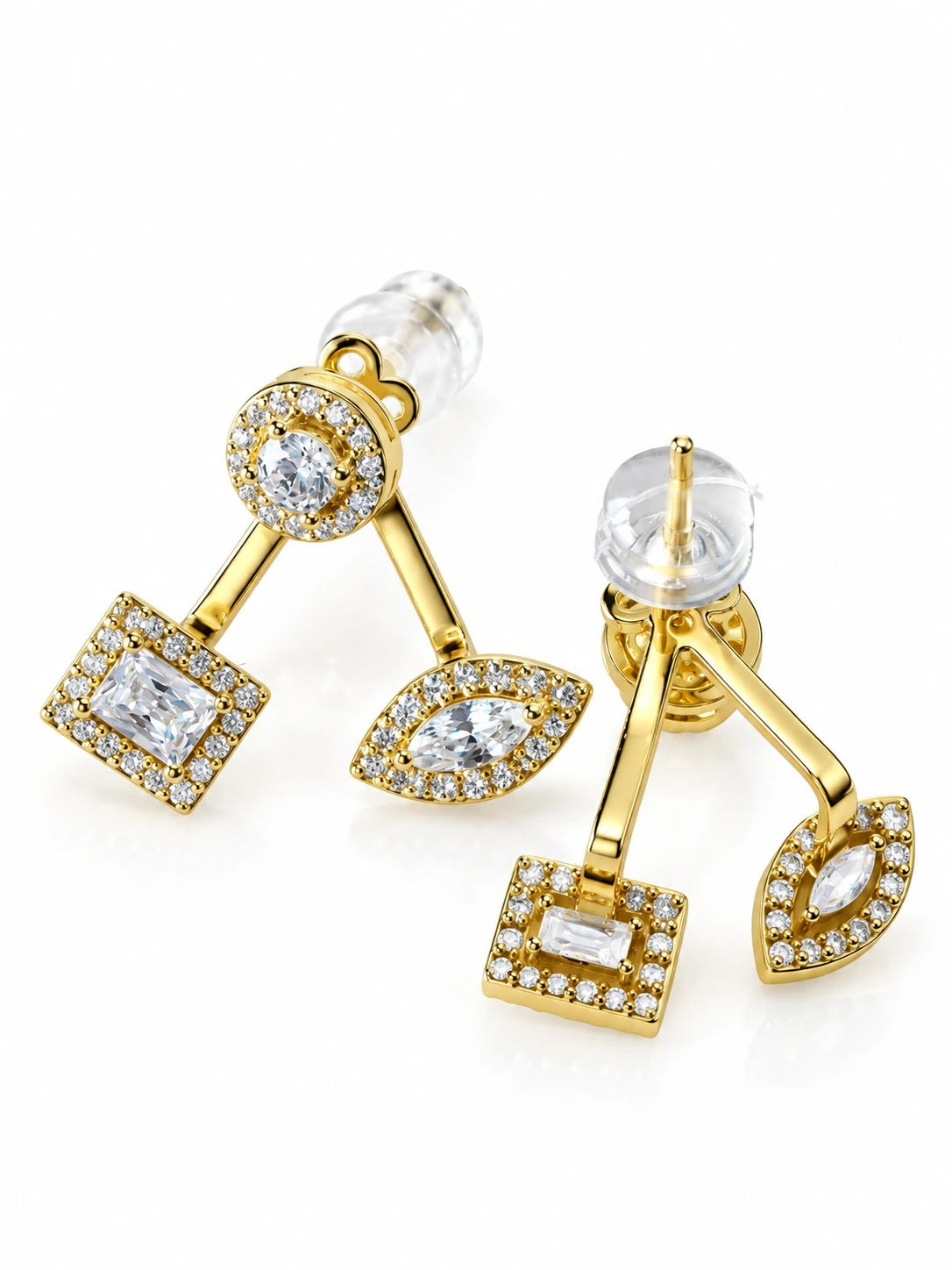 Gold Mixed-Cut CZ Jacket Studs on a white background