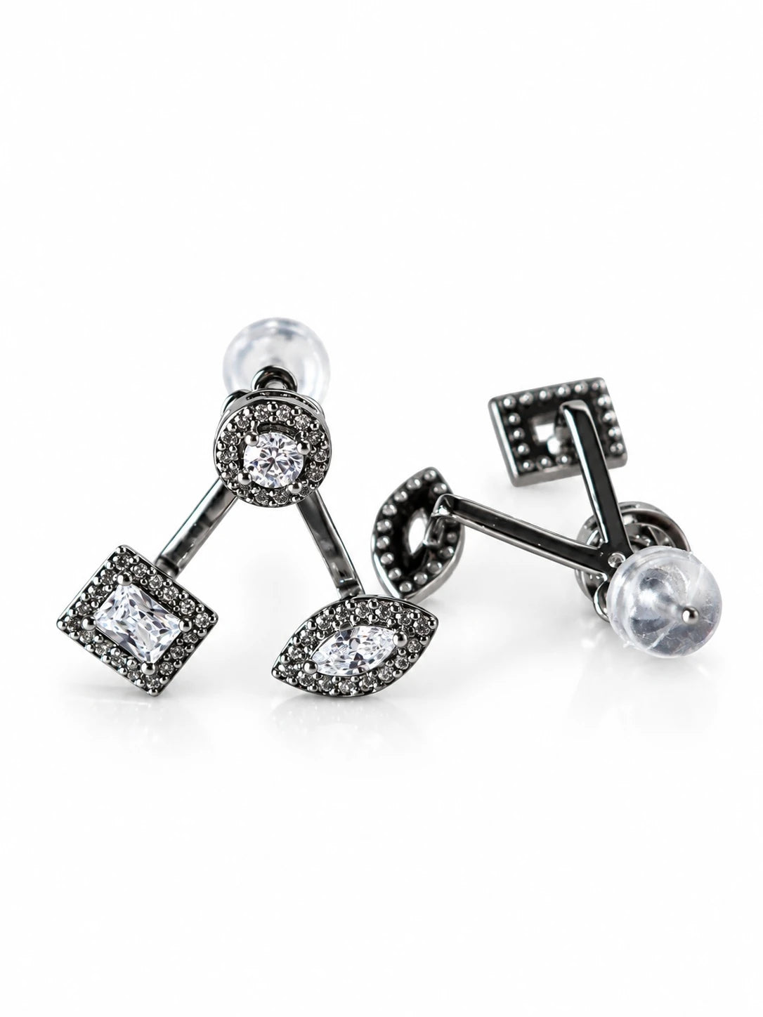 Black & Silver Mixed-Cut CZ Jacket Studs on a white background
