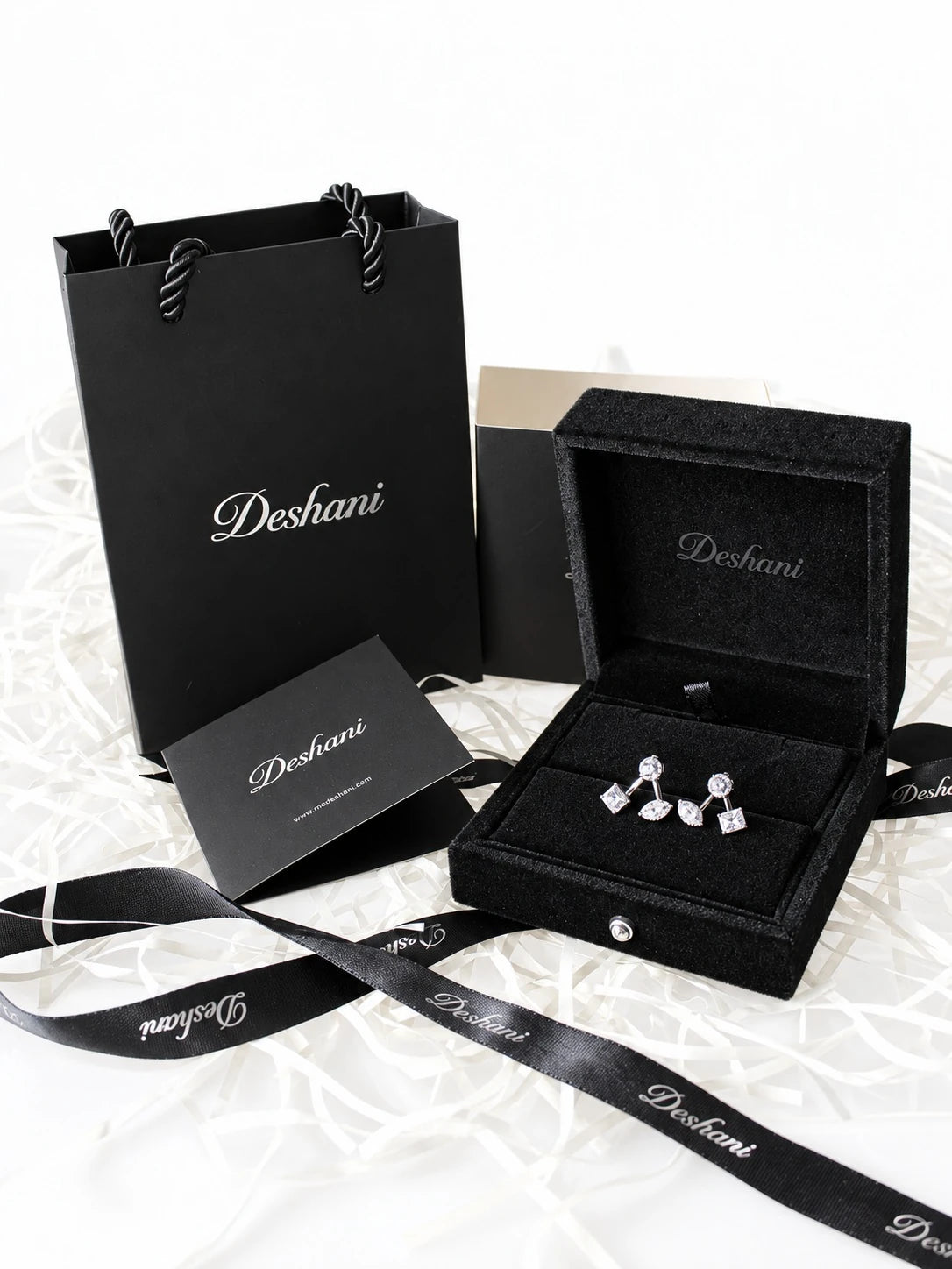Black & Silver Mixed-Cut CZ Jacket Studs in Deshani gift-ready packaging