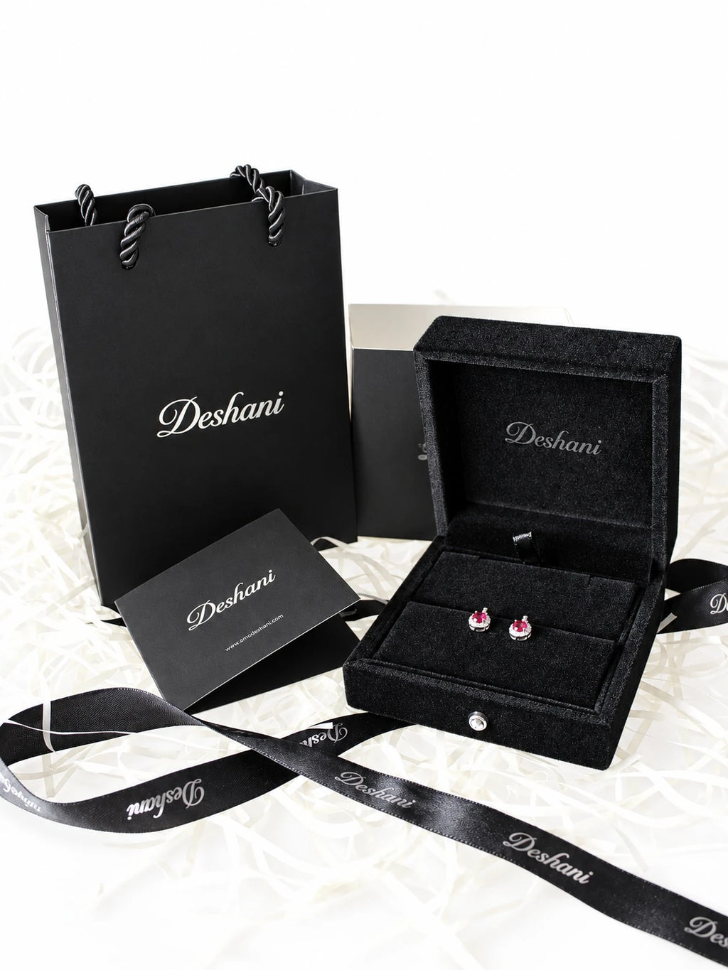Silver Ruby-Red CZ Bezel Studs in Deshani gift-ready packaging